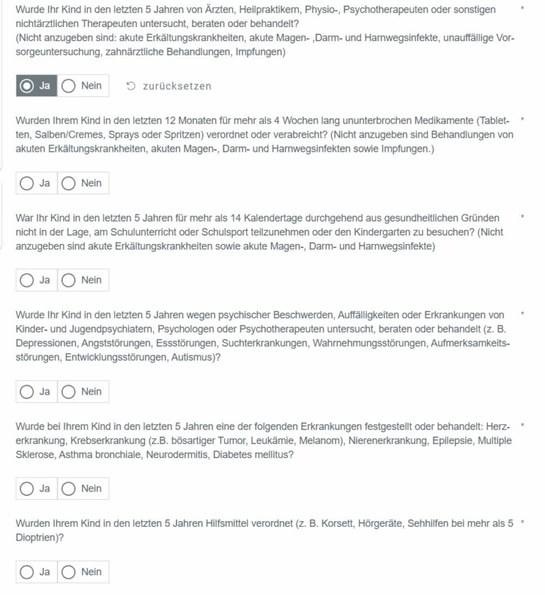 Sollte eine Frage mit "ja" beantwortet werden, folgen diese Vertiefungsfragen.
