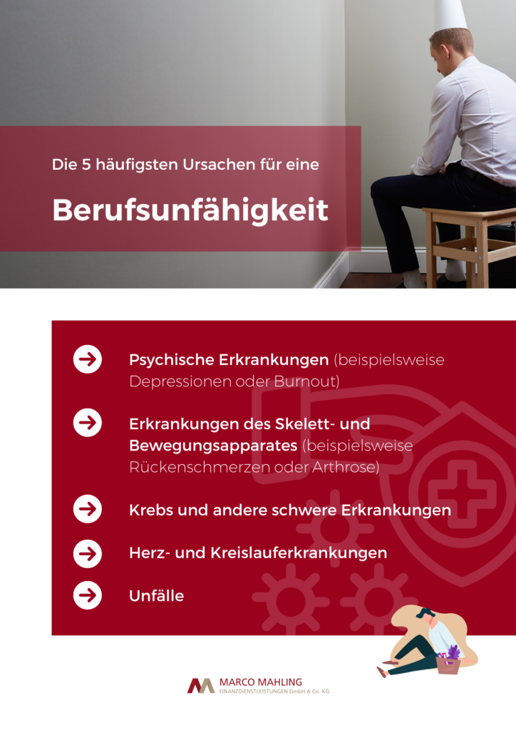 - Psychische Erkrankungen (beispielsweise - Depressionen oder Burnout) - Erkrankungen des Skelett- und Bewegungsapparates (beispielsweise Ruckenschmerzen oder Arthrose) - Krebs und andere schwere Erkrankungen - Herz- und Kreislauferkrankungen - Unfälle