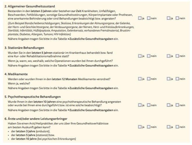 Gesundheitsfragen im Versicherungsantrag der ARAG: Umfassende Abfrage zum allgemeinen Gesundheitszustand, stationären Behandlungen, Medikamenteneinnahme und psychotherapeutischen Maßnahmen der letzten Jahre.