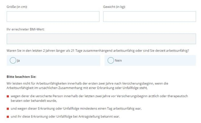Gesundheitsfragen im Versicherungsantrag der Halleschen: Angaben zu Größe, Gewicht und BMI sowie Abfrage zur Arbeitsunfähigkeit in den letzten zwei Jahren und Hinweise zu Ausschlusskriterien.