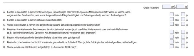 Gesundheitsfragen im Versicherungsantrag der Continentale: Abfrage zu Untersuchungen, Behandlungen und gesundheitlichen Einschränkungen in den letzten Jahren, inklusive Angaben zu Größe und Gewicht.