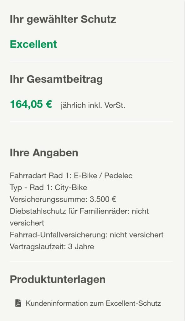 Online-Formular zur Fahrradversicherung mit Eingabefeldern für Kaufpreis, Fahrradtyp, Kaufdatum und Gebrauchtstatus des Fahrrads.